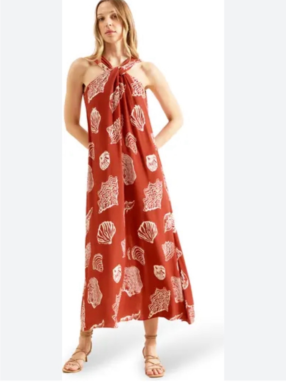 Ro & Zo Rust Colored Shell-Print Twist-Halterneck Dress NWT